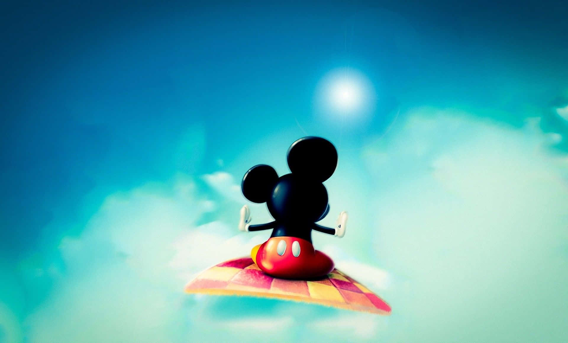 Cool Disney 桌布 壁紙 — 米奇老鼠盤腿坐在一張格仔毯上，漂浮在晴朗的藍天中，天空有 fluffy 雲朵和發光的太陽。