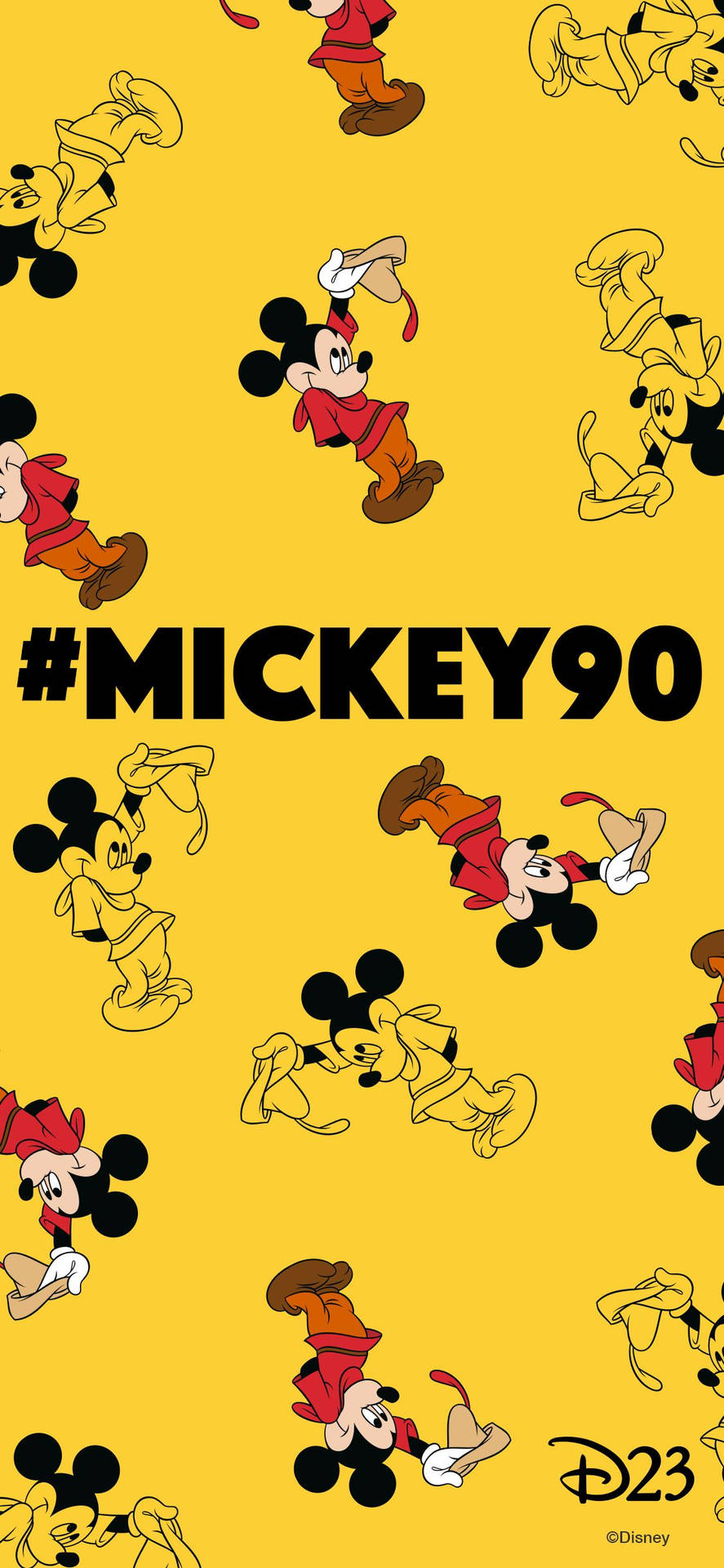 米奇老鼠角色在黃色背景上以各種姿勢呈現，帶有Mickey90和D23文字。