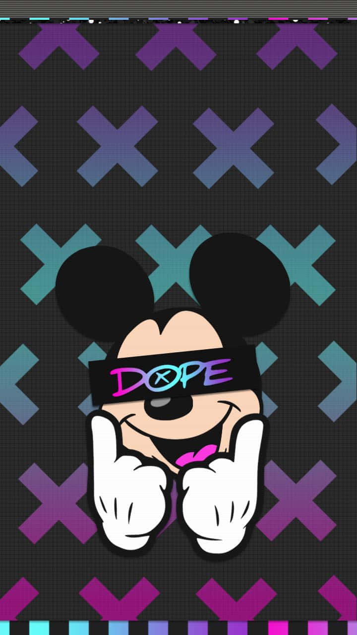 戴著「DOPE」眼罩的米奇老鼠做出和平手勢。