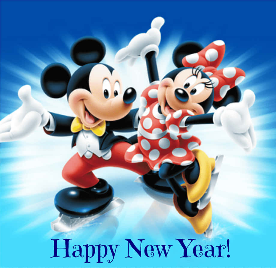 米奇和米妮老鼠溜冰，帶有「Happy New Year!」文字。
