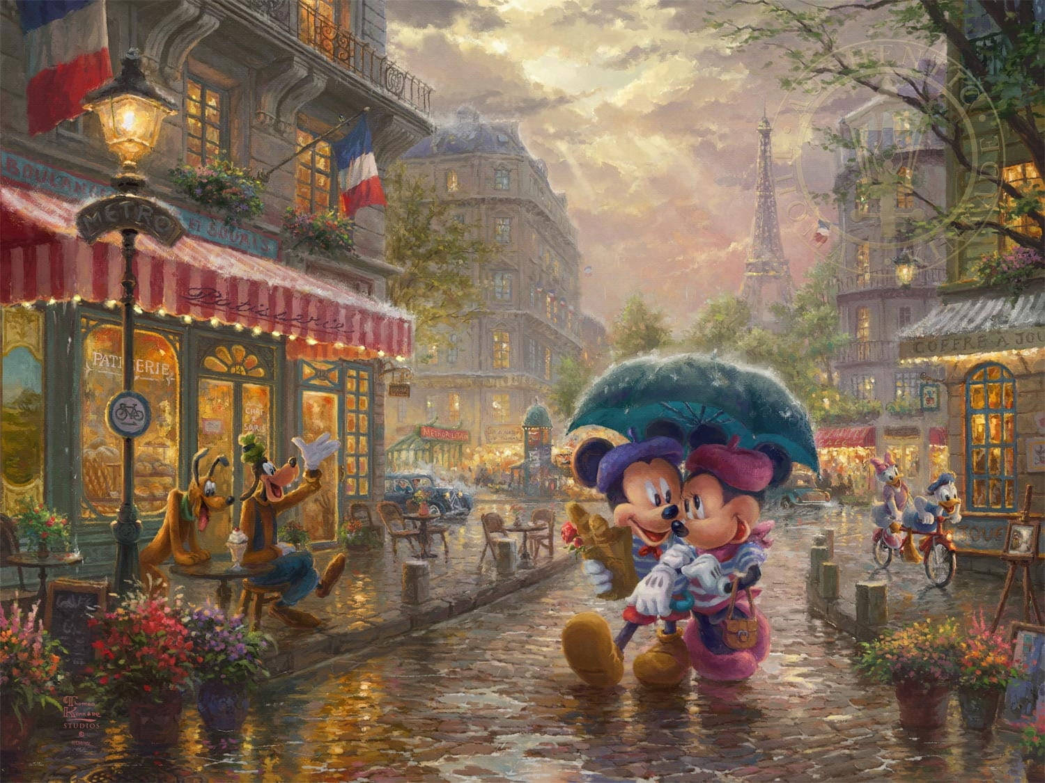 米奇和米妮在雨中的巴黎街道上共用一把傘，背景是艾菲爾鐵塔。