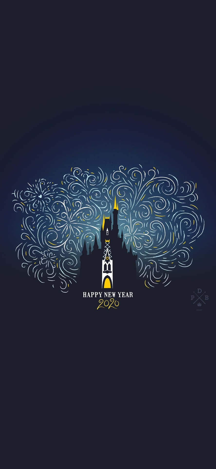 城堡與煙火在深藍色天空中慶祝2020年新年。