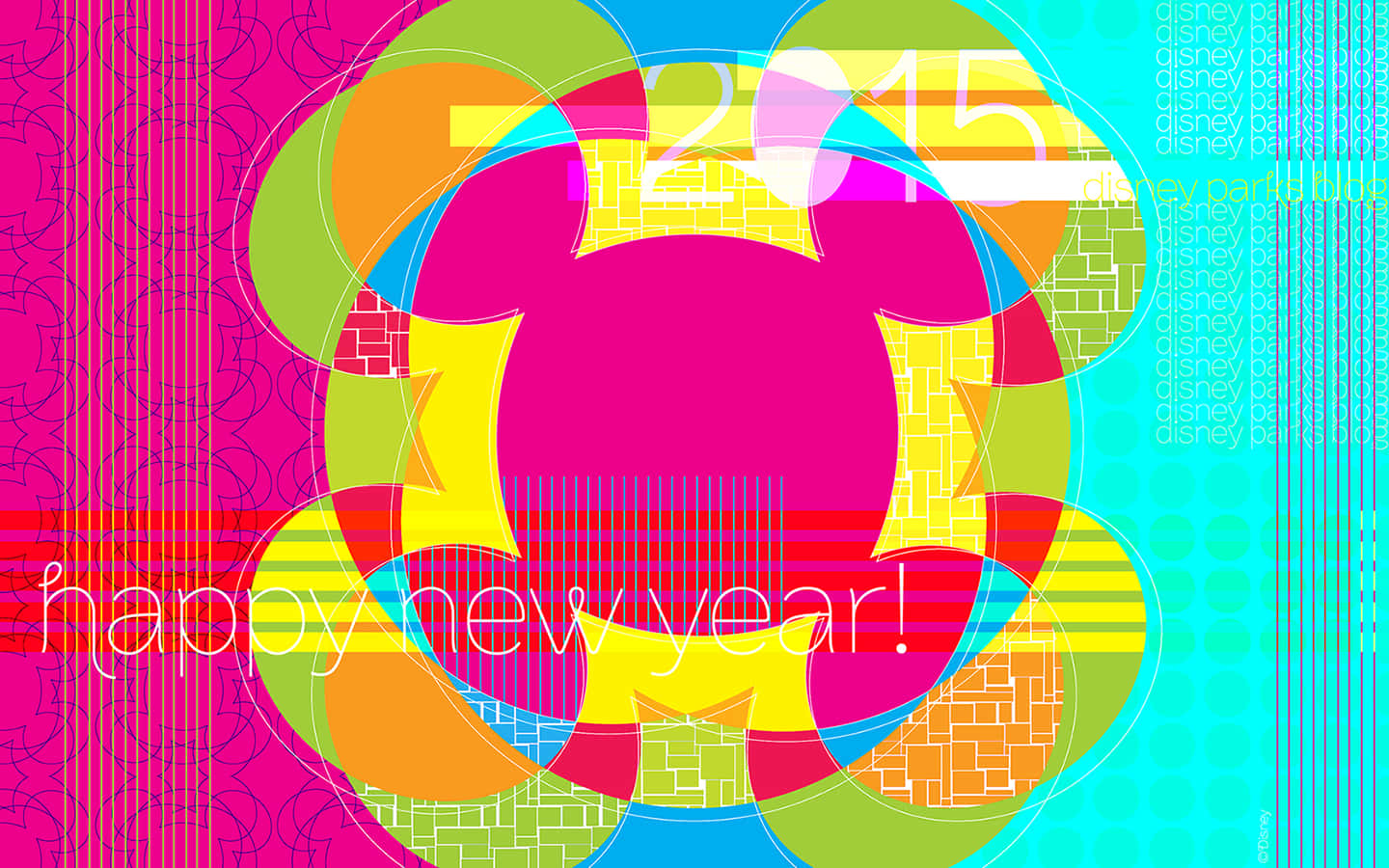 慶祝性的數位圖形，帶有彩色重疊圓圈和「happy new year 2015」文字。