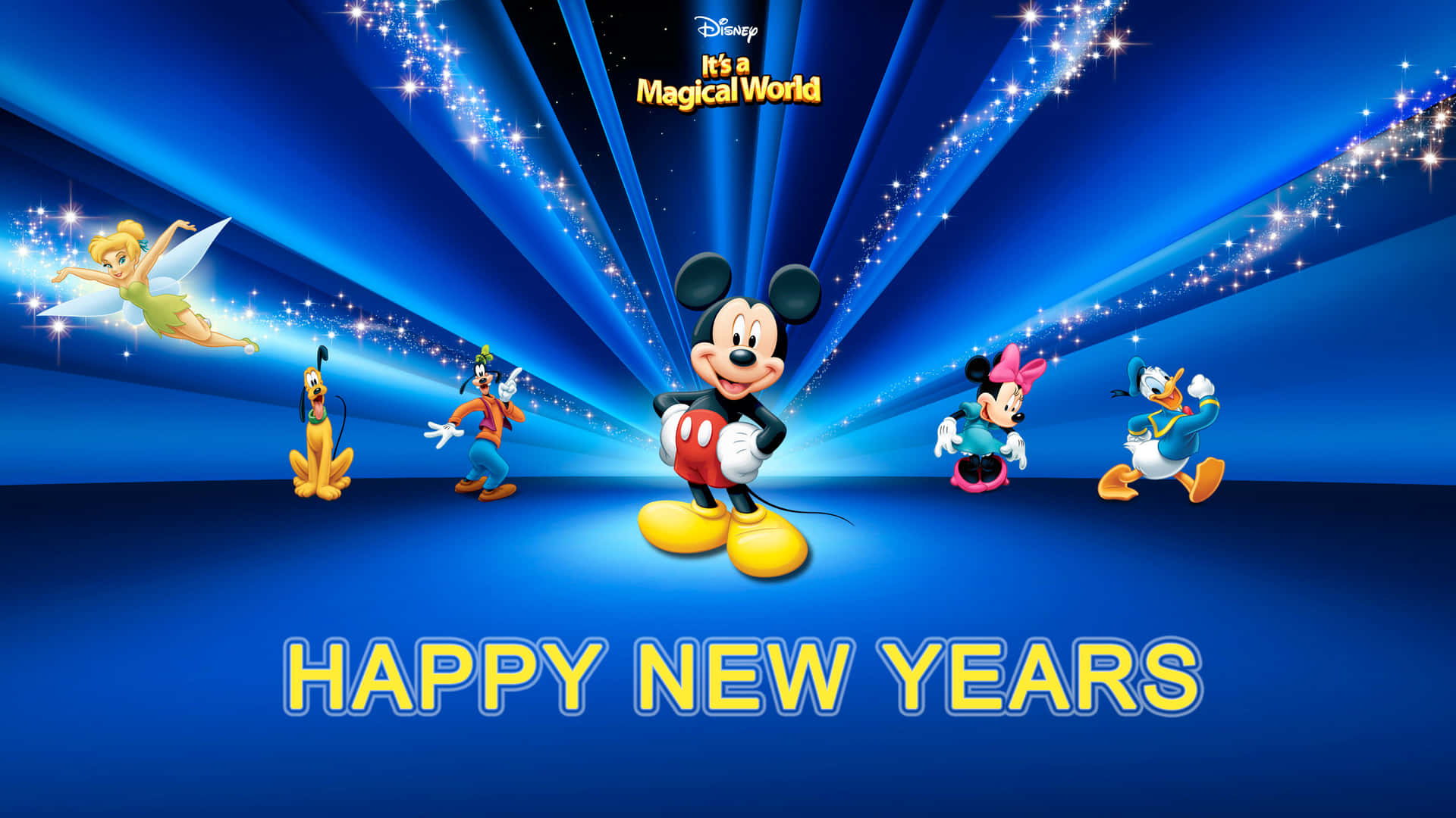 迪士尼角色以閃爍的燈光和歡樂的姿勢慶祝新年。