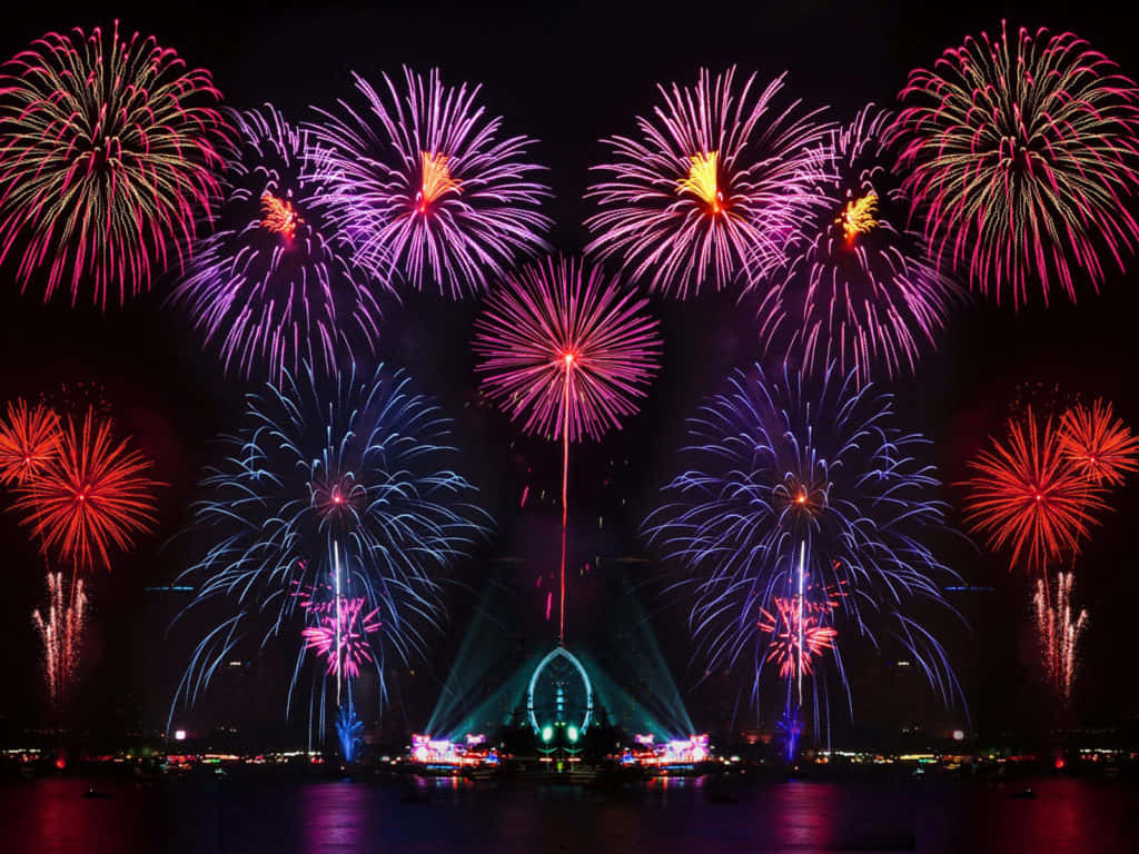 夜間海濱摩天輪上空的彩色煙火表演。