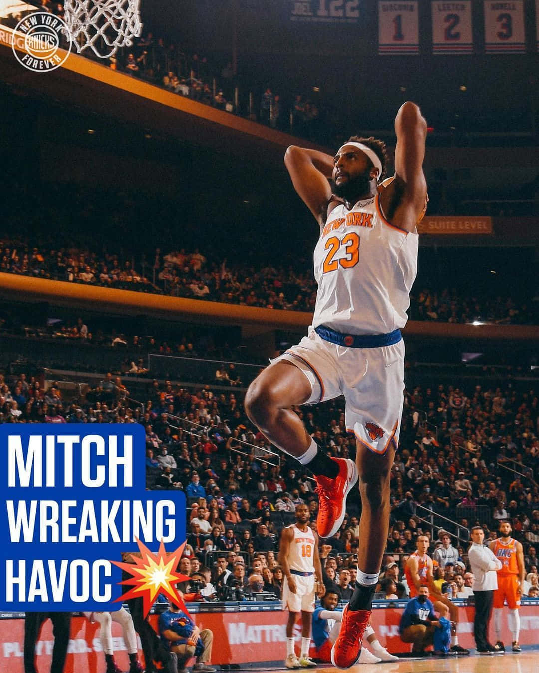 米契爾·羅賓遜「Mitch Wreaking Havoc」海報 NBA 壁紙 — 一名身穿白色球衣的籃球運動員在明亮的場館燈光下高高躍起，準備入樽，下方是擠滿的人群。