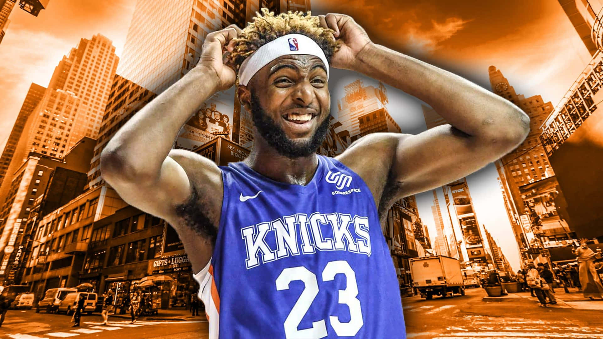 米契爾·羅賓遜 NBA籃球 粉絲藝術圖 壁紙 — 一位身穿Knicks球衣的快樂籃球運動員，在充滿活力的橙色城市背景下笑著整理頭髮。