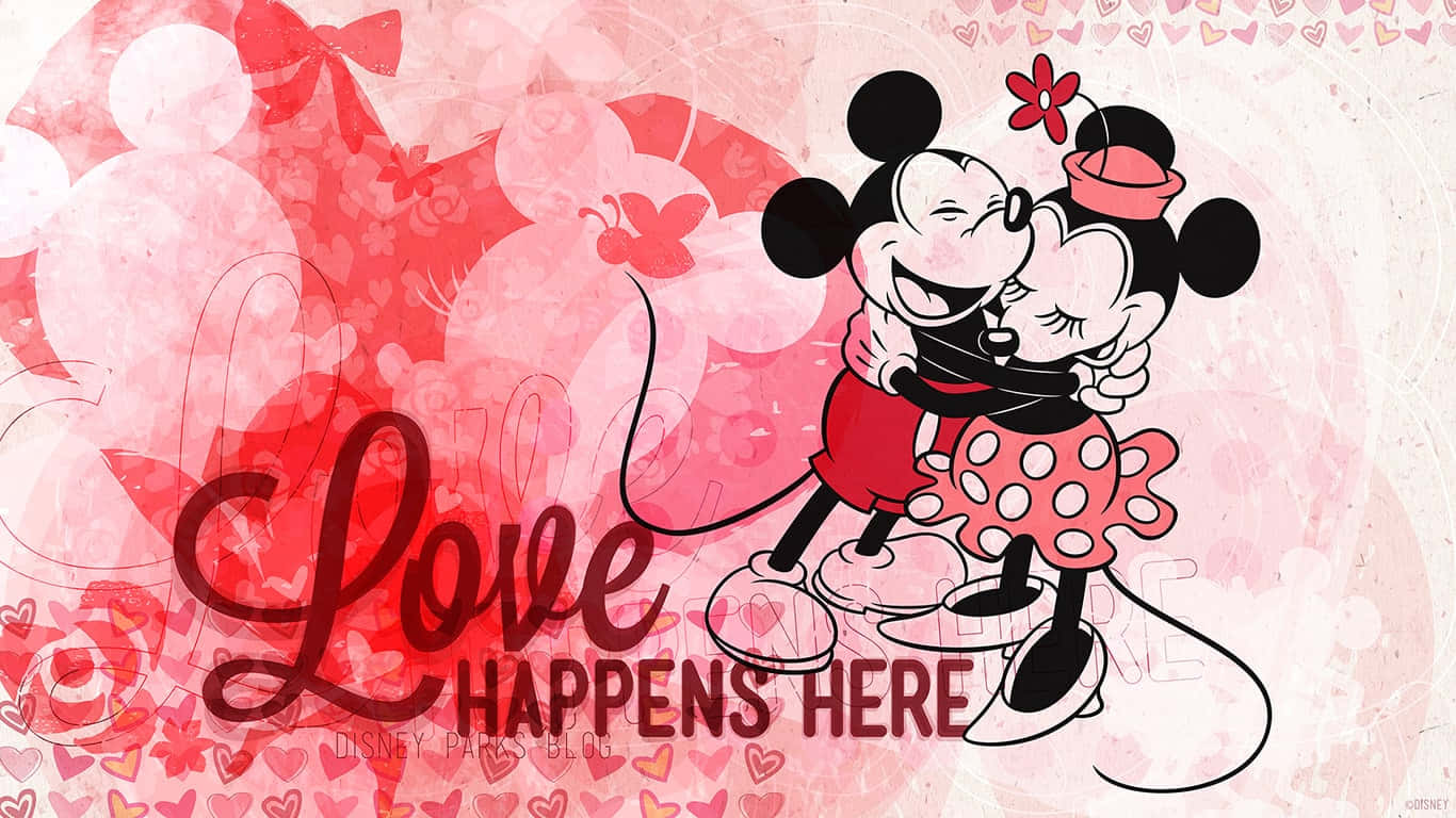 米奇和米妮老鼠在充滿心形和「Love Happens Here」文字中深情擁抱。