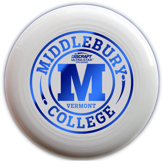 米德伯里學院極限飛盤 壁紙 — 一個白色Discraft Ultra-Star飛盤，中央有藍色Middlebury College標誌和'Vermont'文字，置於黑色背景上。