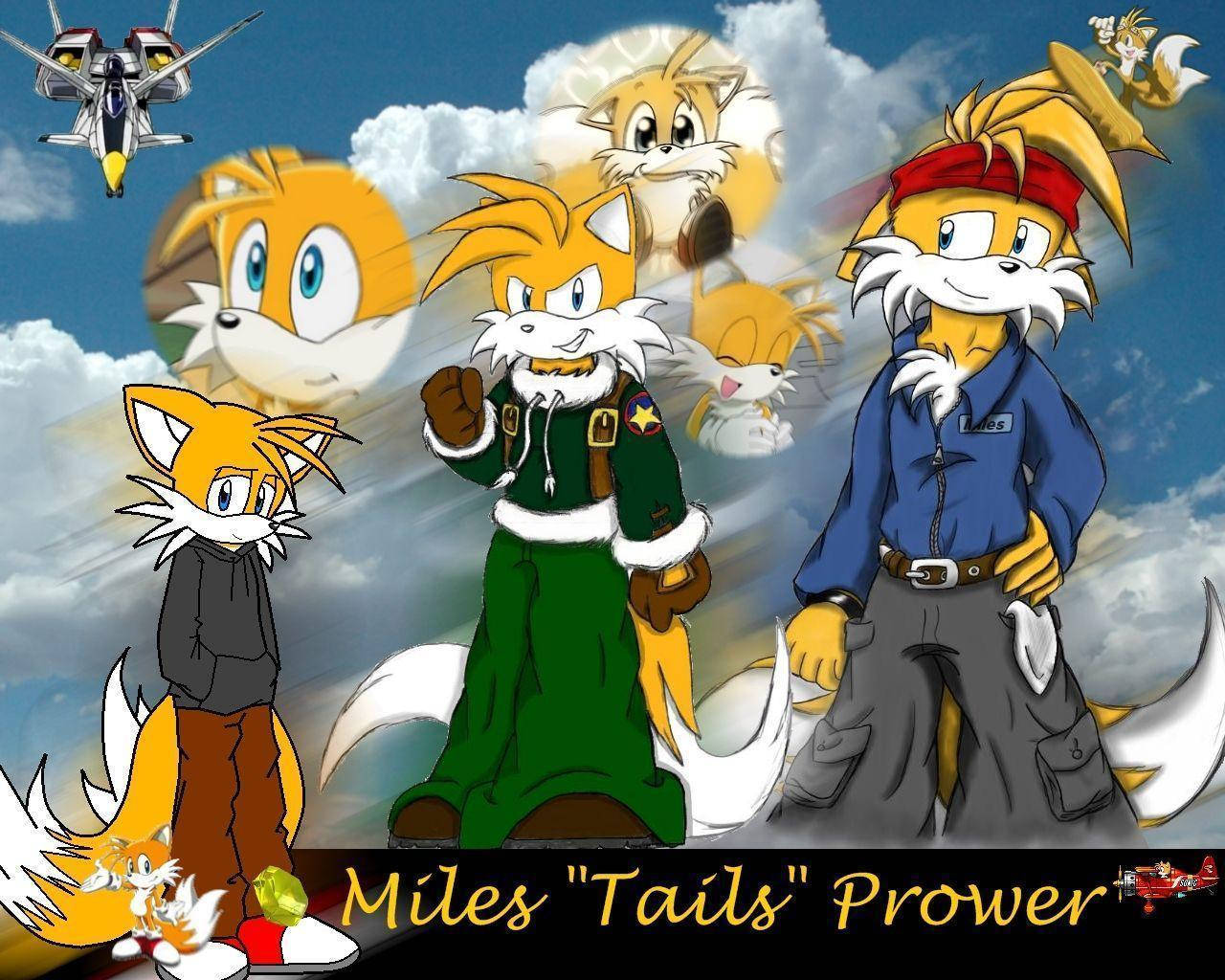 動漫角色 Miles Tails Prower 穿著不同服裝，搭配飛行的噴射機和漂浮的頭部。