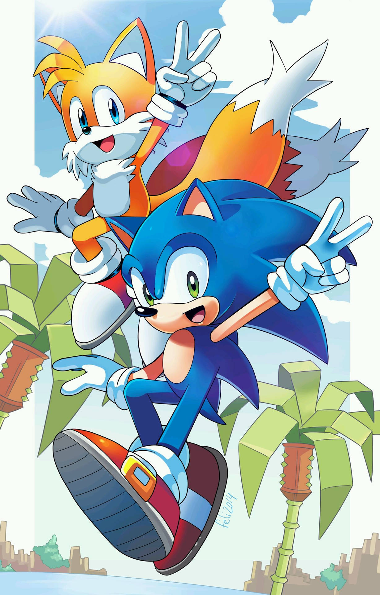 Sonic 和 Tails 喺棕櫚樹同城市上空做出和平手勢飛翔