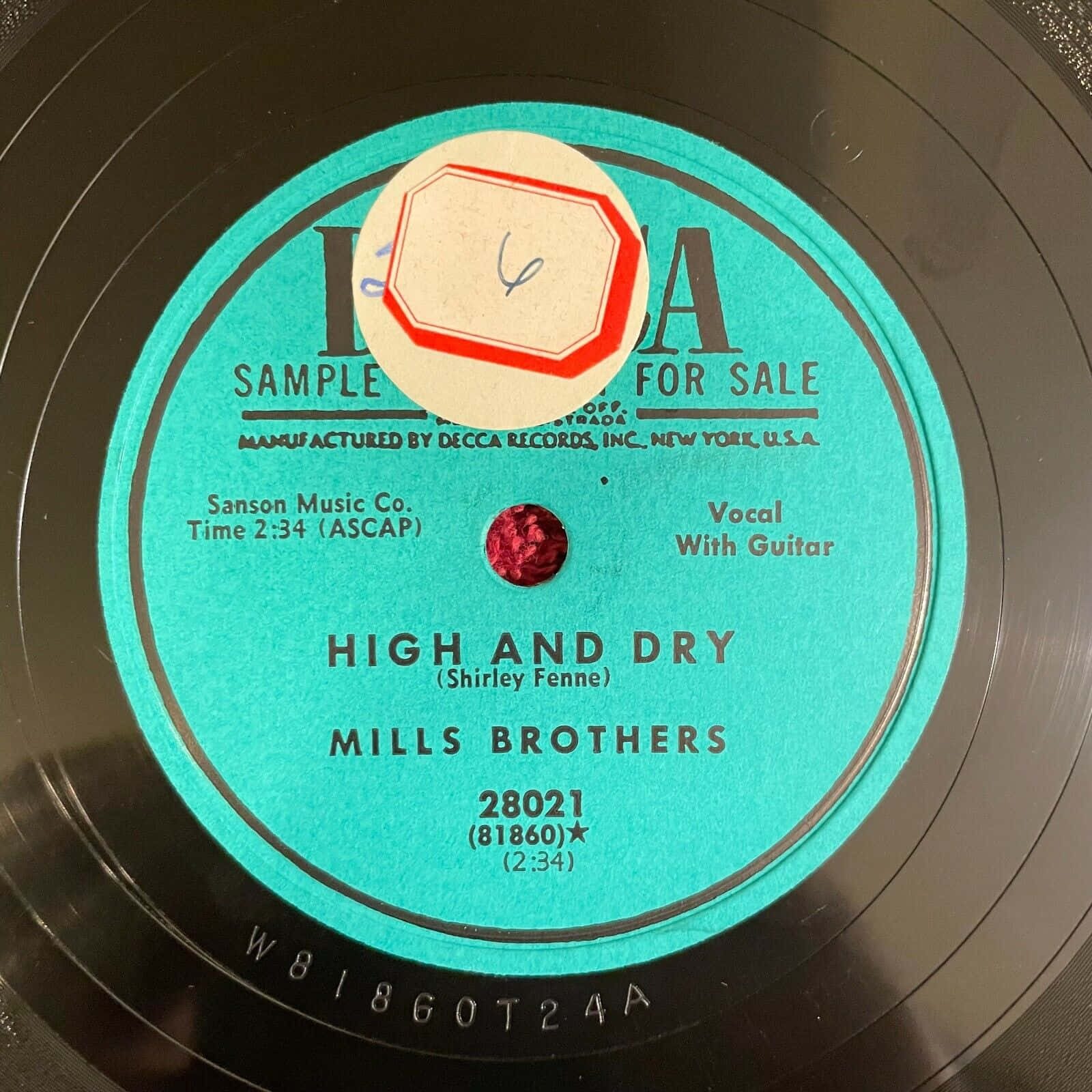 米爾斯兄弟《High and Dry》復古Decca Records黑膠唱片標籤，附樣本貼紙。