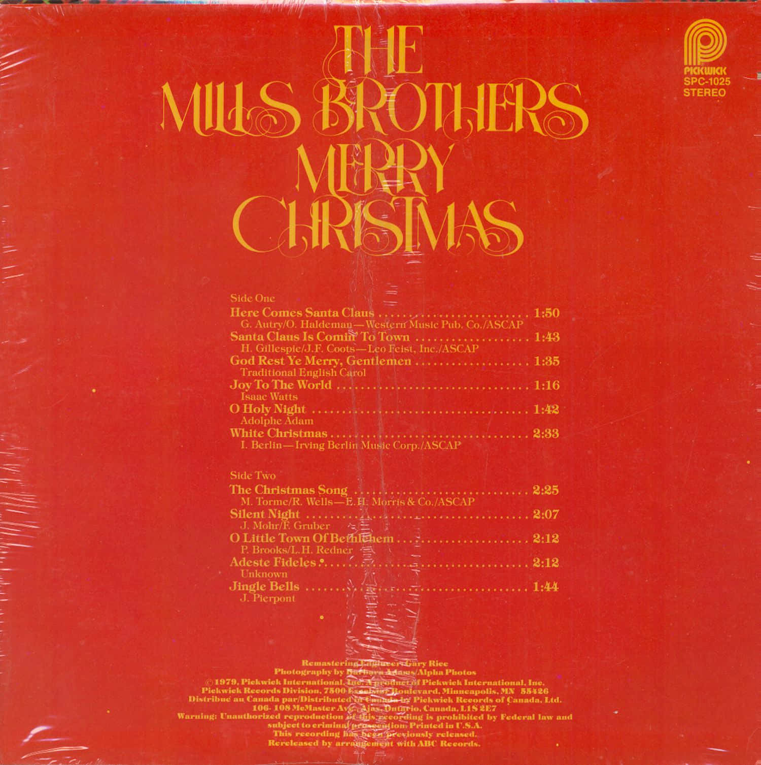 紅色黑膠唱片背面封套，金色文字列出 The Mills Brothers 嘅聖誕歌曲。