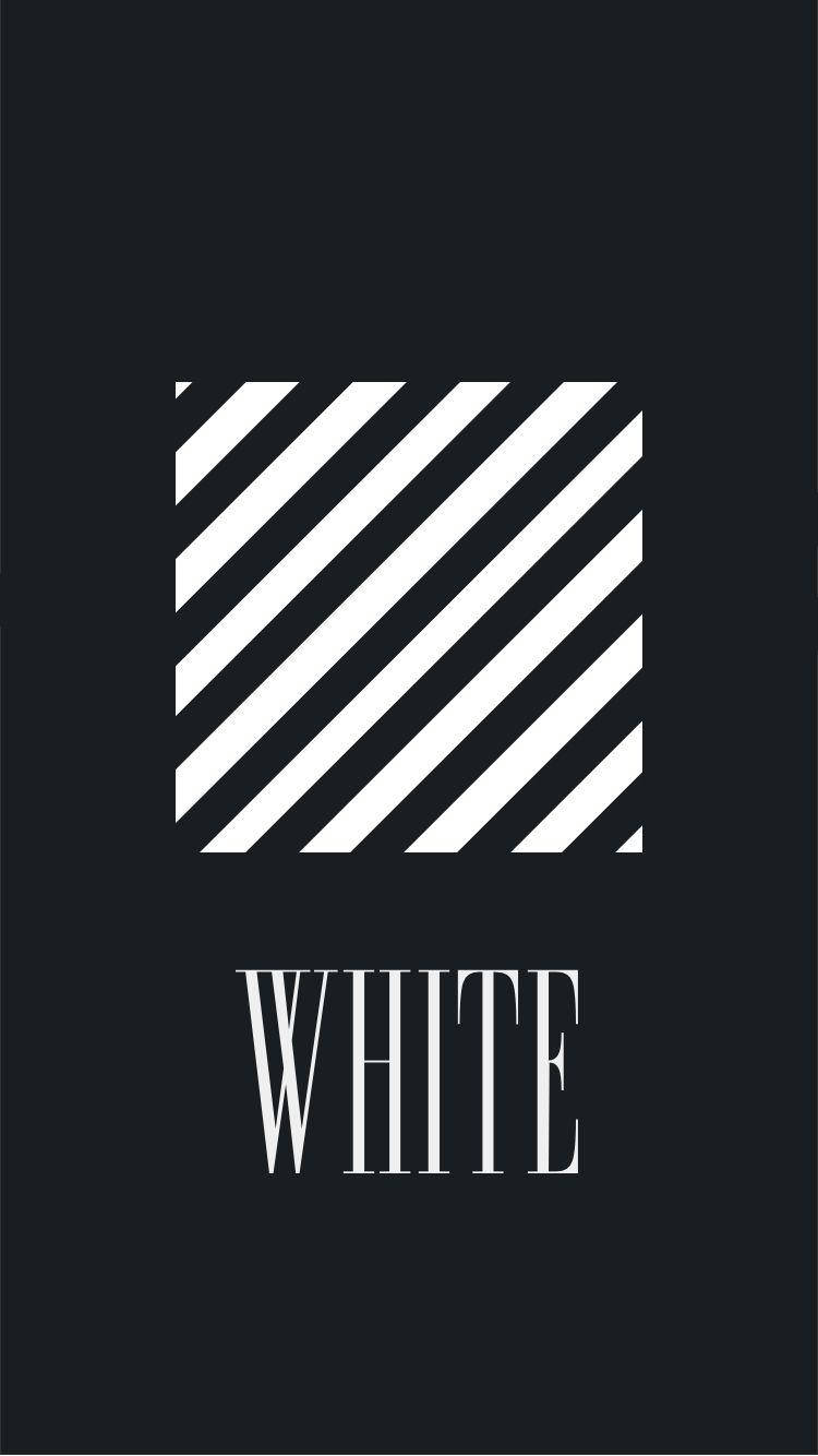米白方形標誌 壁紙 — 在純黑色背景上，粗體白色對角線條紋和襯線字體的「white」一詞。