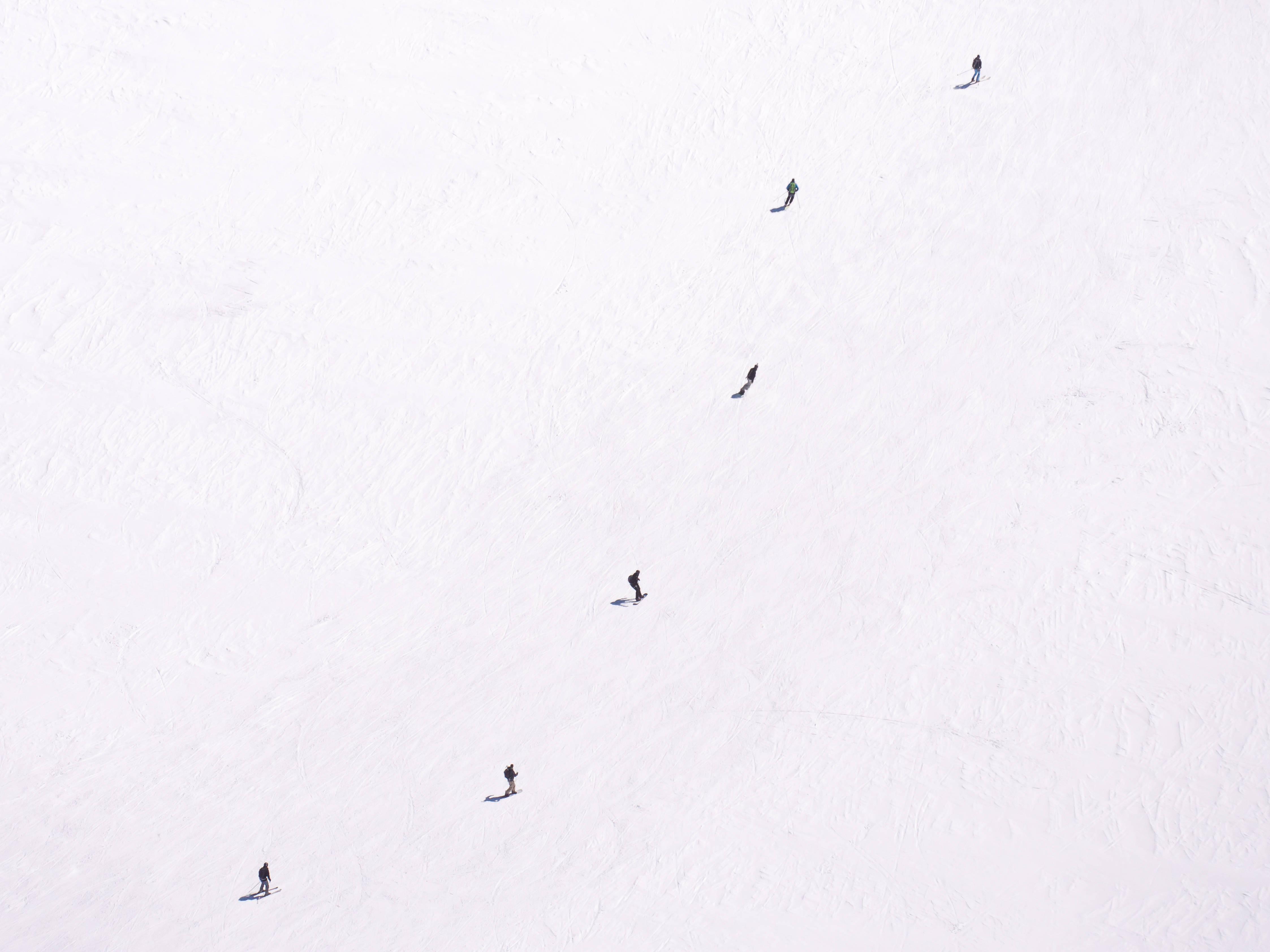 米白雪地人物 壁紙 — 從高空俯瞰滑雪板運動員在廣闊雪坡上滑下，留下平行軌跡。