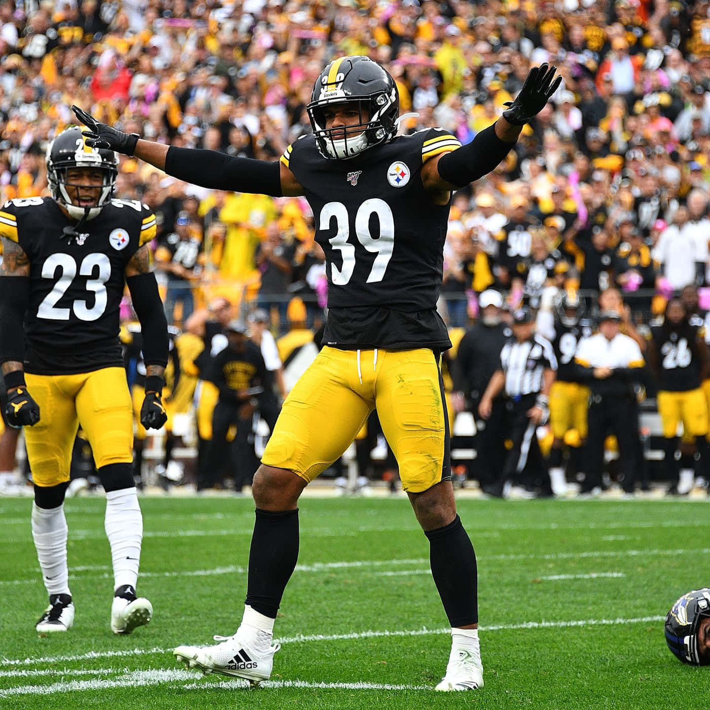 米納卡·菲茨帕特里克NFL匹茲堡鋼人隊美國足球 壁紙 — 一位匹茲堡鋼人隊的美式足球員身穿黑黃色球衣，在陽光明媚的球場上高舉雙臂慶祝，背景中球迷歡呼。