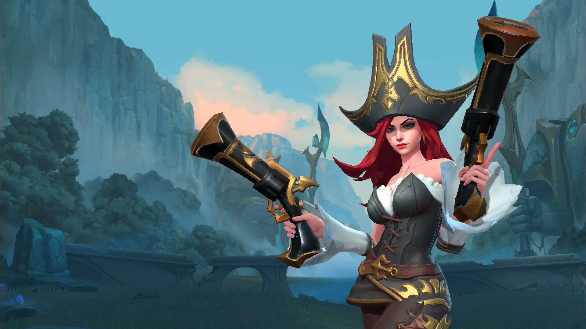 米絲富特 Wild Rift 壁紙 — 一位紅髮女海盜身穿華麗的黑金鎧甲，手持兩門大砲，背景是霧氣瀰漫的山脈。