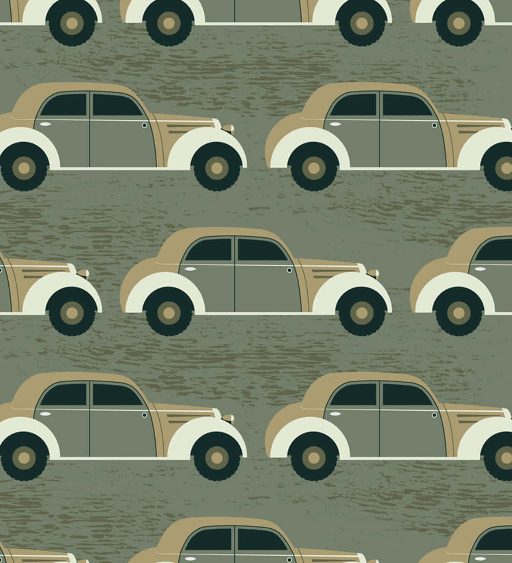 Car Pattern 桌布 壁紙 — 米色和灰色的復古汽車在帶有紋理的橄欖色背景上重複形成復古圖案。