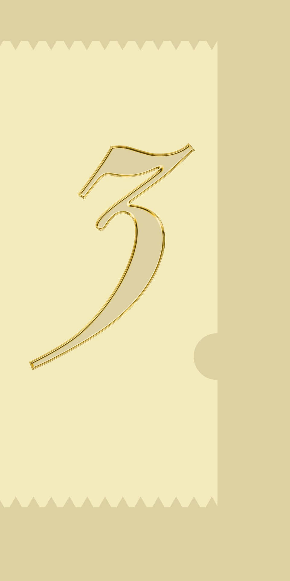 一個金色數字三在帶有鋸齒邊緣的奶油色紙上。