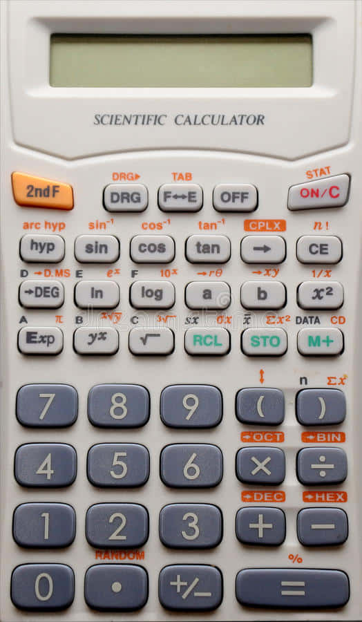 Calculator 桌布 壁紙 — 米色科學計算機的特寫，帶有灰色按鈕和橙色功能標籤。