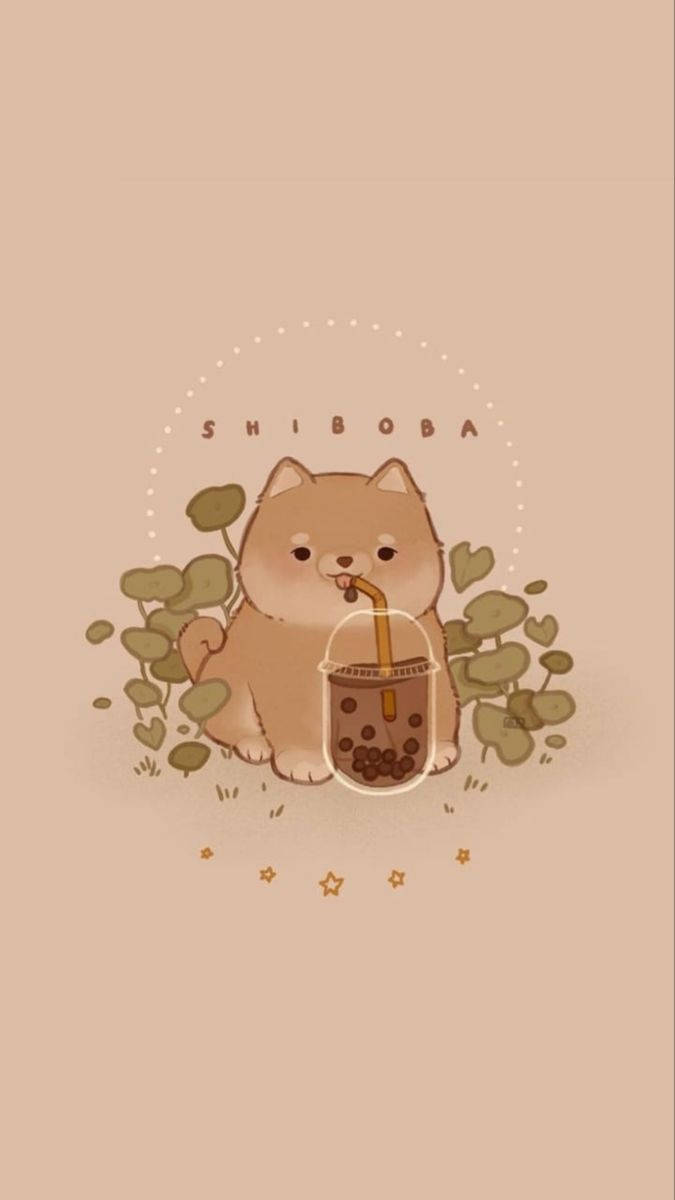 米色美學狗狗 壁紙 — 一隻可愛的柴犬幼犬在柔軟的米色背景上，被心形葉子包圍，啜飲著珍珠奶茶。