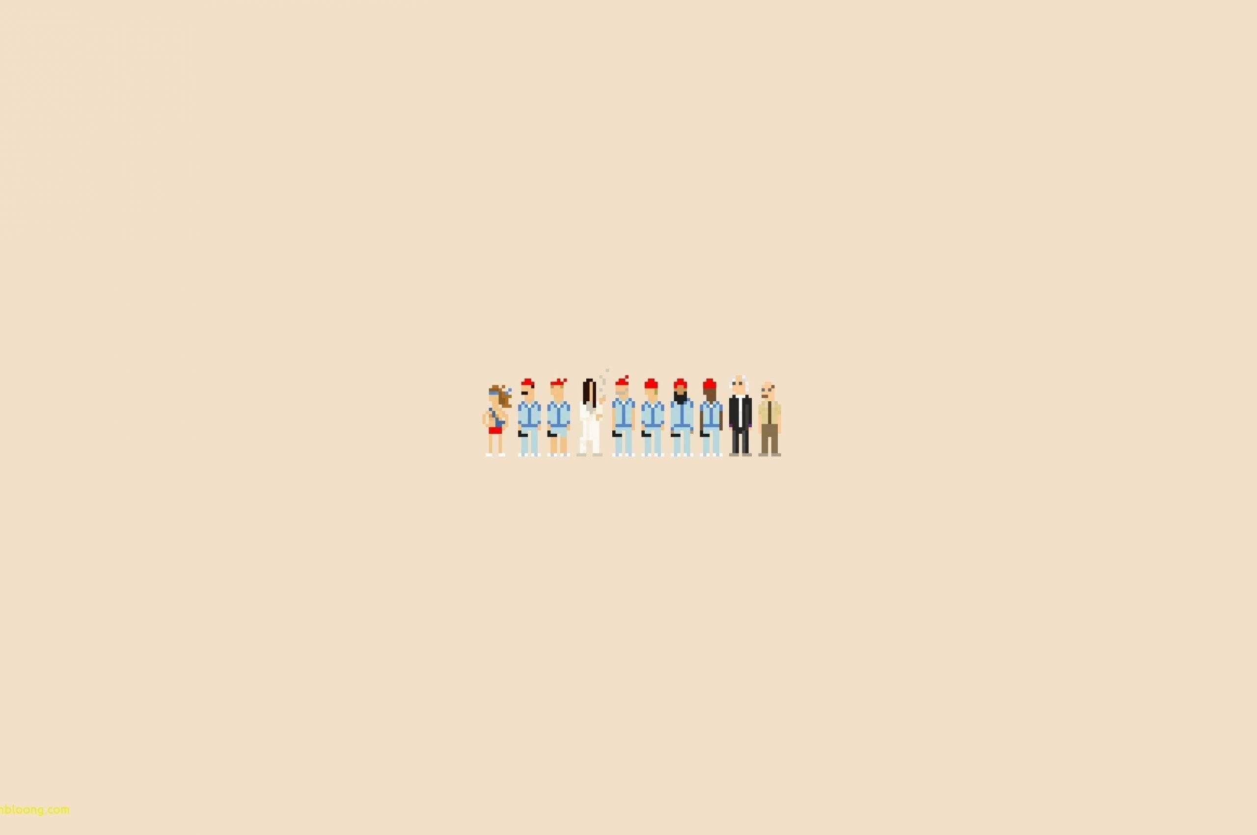 Beige Minimalist 桌布 壁紙 — 米色背景上，九個戴著節日紅帽的小角色排成一列的極簡像素藝術。