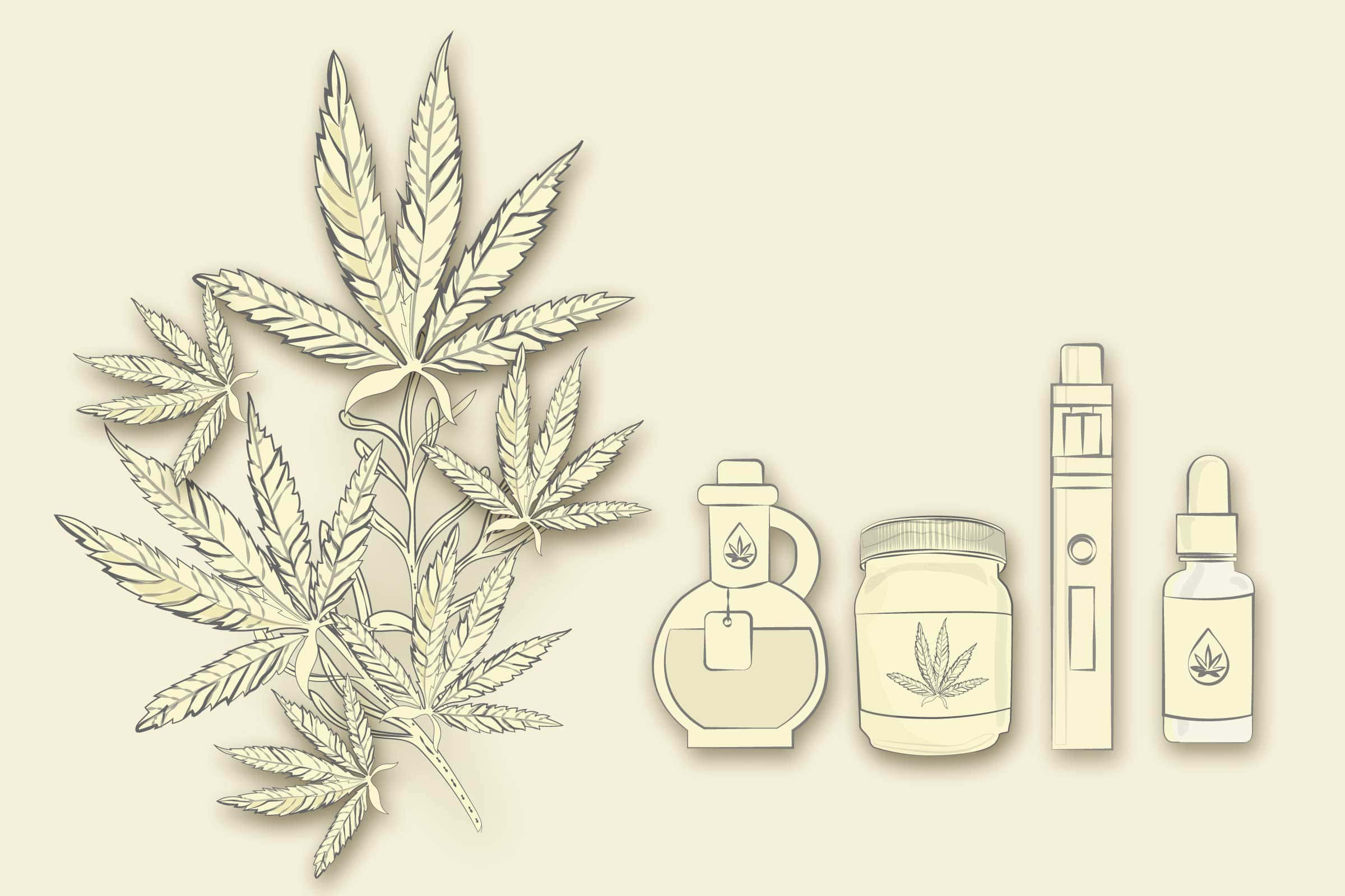大麻 桌布 壁紙 — 米色背景上以奶油色調繪製的大麻植物及產品插圖。