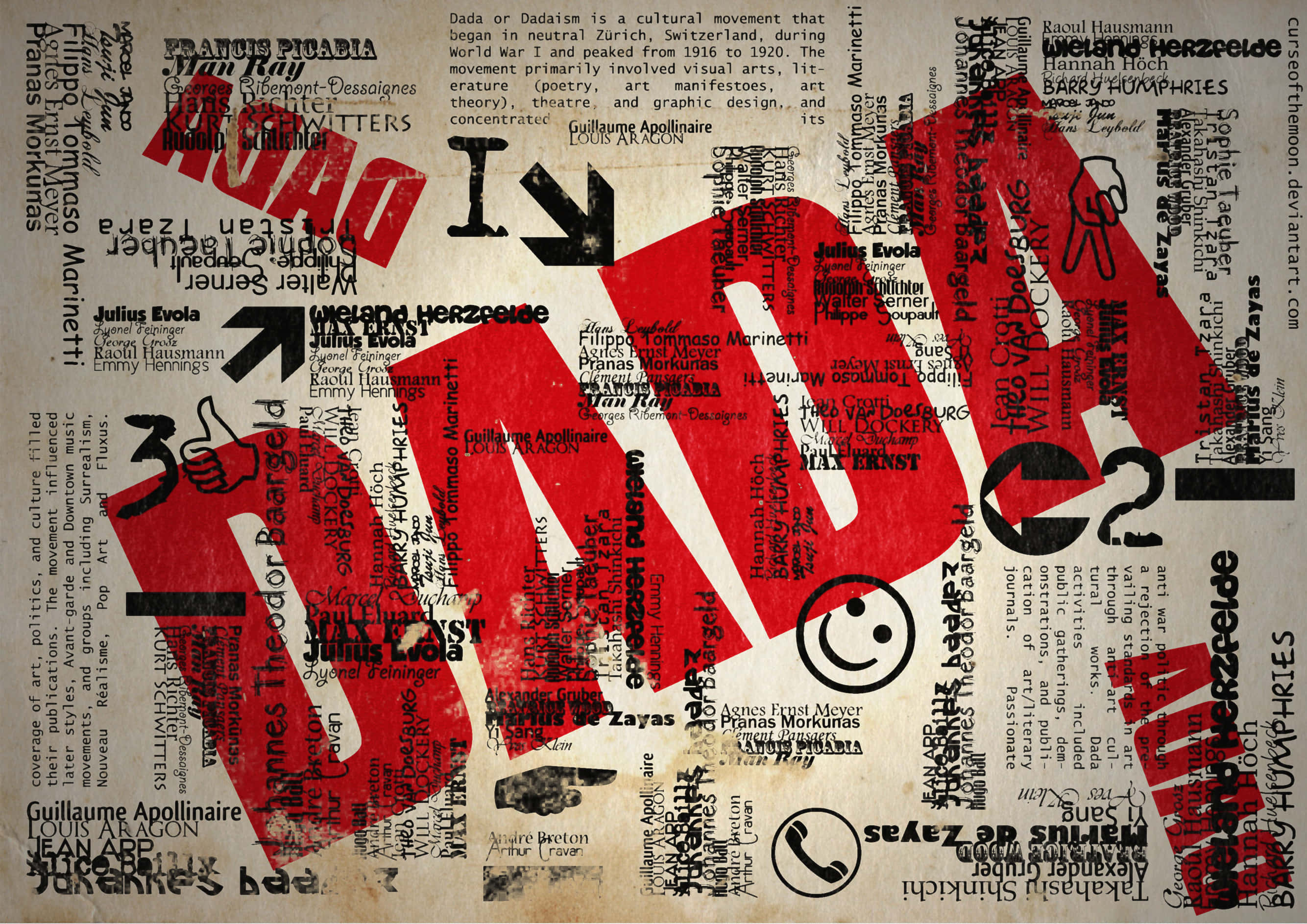 Dadaism 桌布 壁紙 — 米色背景上帶有箭頭和符號的復古文字片段與大膽紅色塗鴉的拼貼畫。