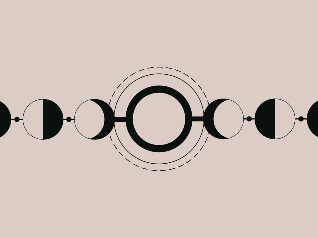 Moon Phases 桌布 壁紙 — 米色背景上帶有虛線圓圈裝飾的極簡黑白月相圖。