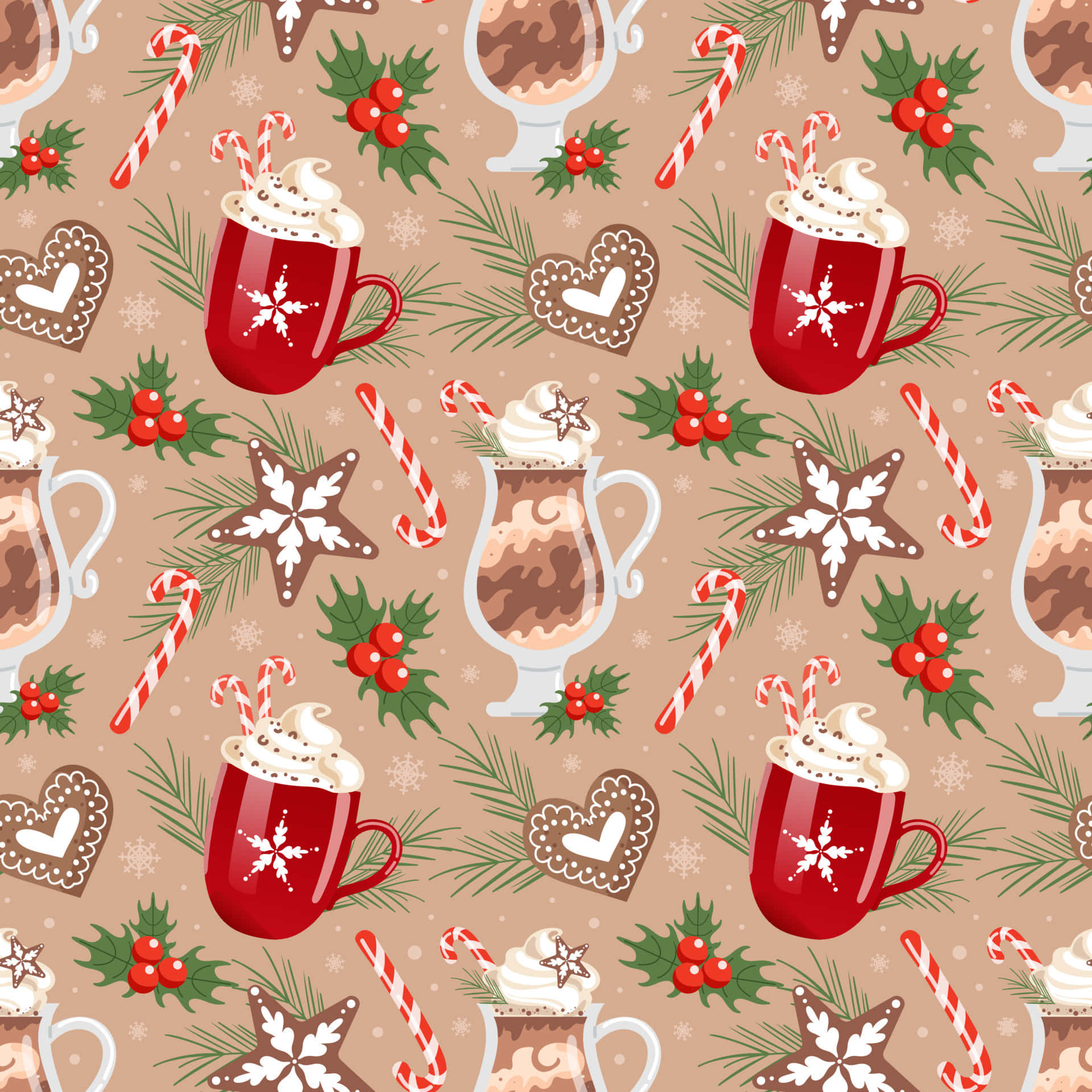 Hot Chocolate 桌布 壁紙 — 米色背景上紅色馬克杯、熱巧克力、拐杖糖、冬青和薑餅心的節日圖案。