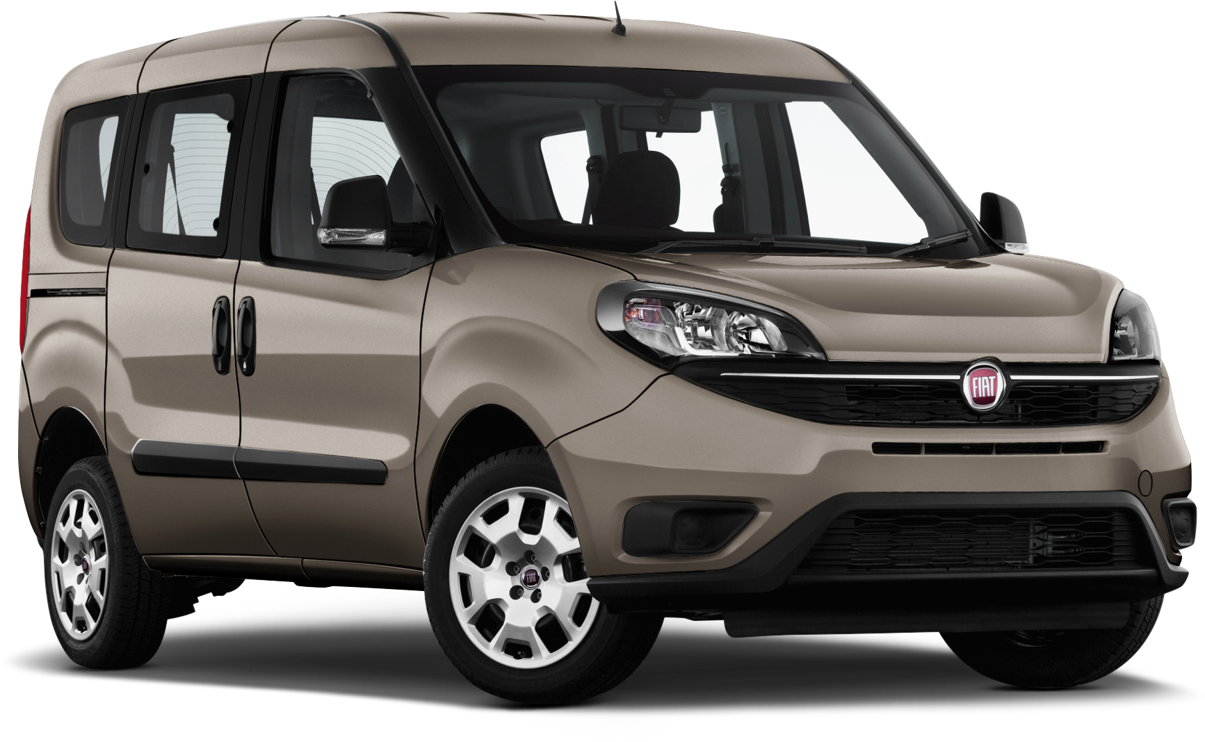 米色菲亞特緊湊型客貨車側面視圖 壁紙 — 一輛米色 Fiat Fiorino 客貨車在黑色背景下的攝影棚燈光中展示，車窗上有清晰反射。