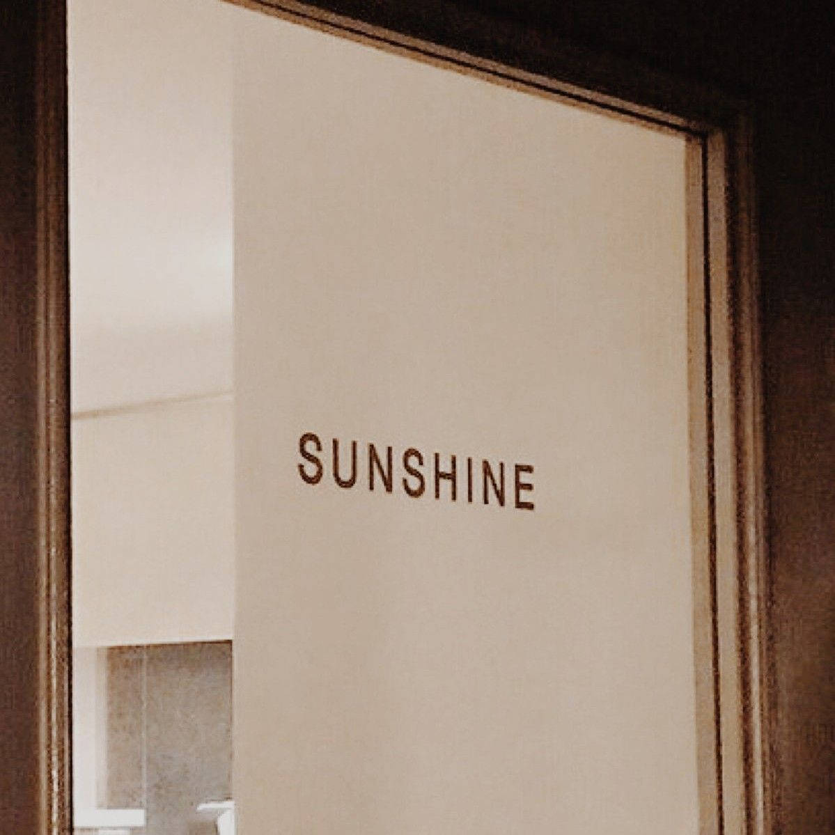 磨砂玻璃門，上面用棕色字體刻有'SUNSHINE'字樣，並以深色木框鑲嵌。