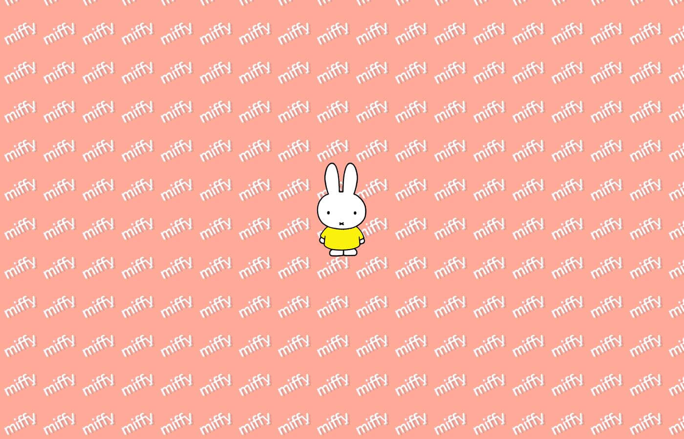 一隻穿著黃色襯衫的卡通兔，在粉紅色背景上帶有重複的「miffy」文字。
