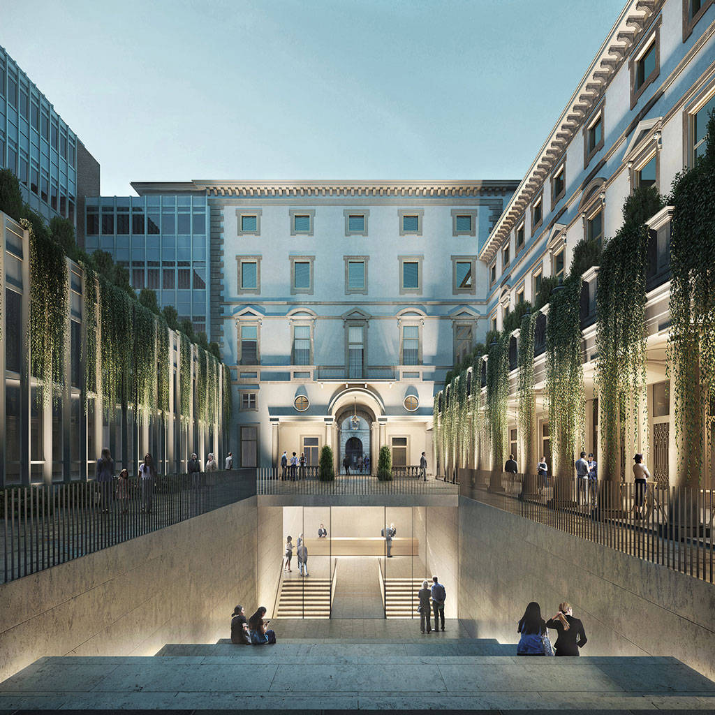 米蘭義大利美術館外觀 壁紙 — 一個宏偉的城市庭院，擁有古典建築和茂密的垂直花園，沐浴在柔和的光線中。