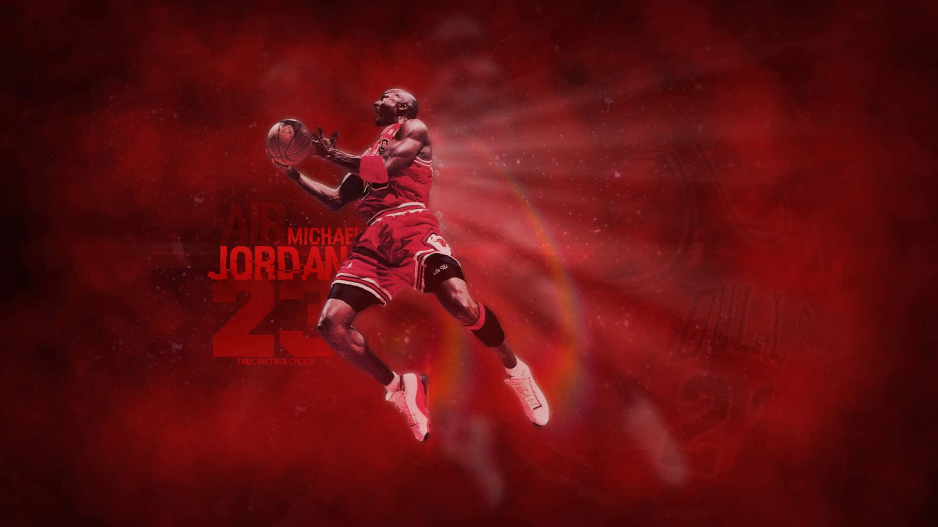 Jordan 桌布 壁紙 — 米高佐敦身穿標誌性紅色公牛隊球衣，在熾熱的紅色背景和發光光軌中騰空而起。