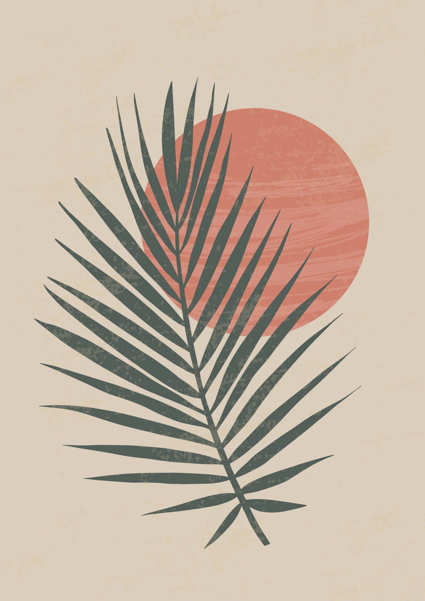 粉、綠、藍色調的現代波西米亞藝術 壁紙 — 一個風格化的深綠色棕櫚葉疊加在一個有紋理的珊瑚色圓圈上，背景為米色。