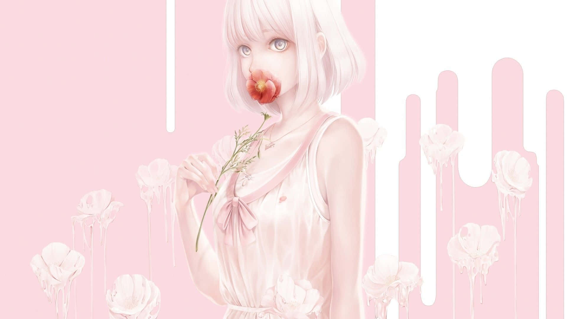 粉嫩系動漫少女 壁紙 — 一個蒼白的動漫女孩，留著白色短髮，將一朵紅花放在唇邊，背景是柔和的粉紅色滴落效果和融化的白玫瑰。
