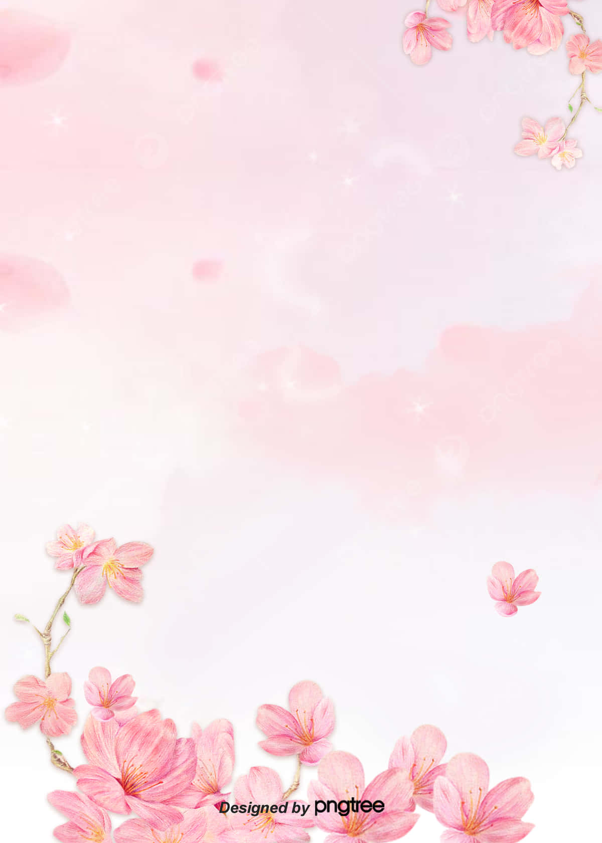 粉嫩花卉背景 壁紙 — 柔和的粉紅櫻花點綴著夢幻水彩背景的角落，伴隨著柔和的散景和飄落的花瓣。
