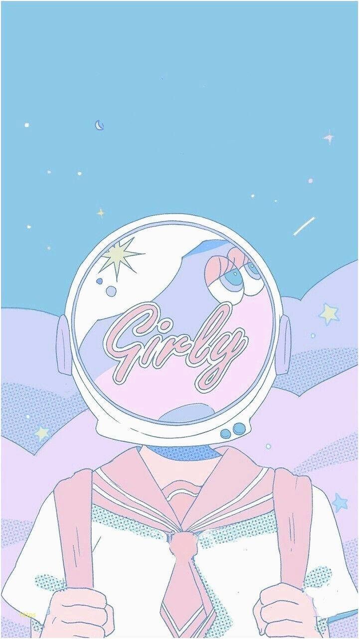 動漫女孩穿著粉紅色水手服和太空人頭盔漂浮在星空之中