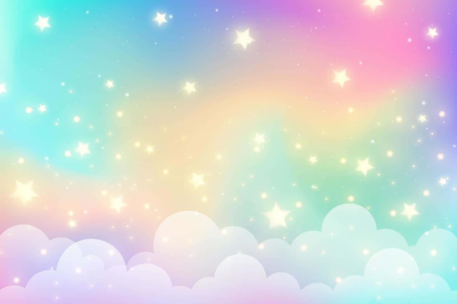 Pastel Cute 桌布 壁紙 — 粉彩彩虹天空，閃爍星星和柔軟雲朵，營造夢幻神奇的氛圍。
