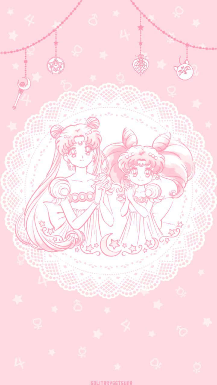 兩個粉紅色線條藝術的動漫女孩在蕾絲杯墊內，背景是星空。