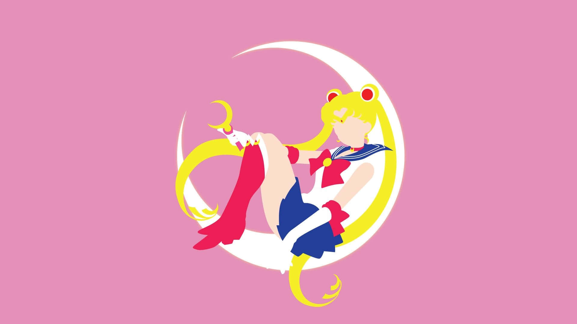 美少女戰士角色穿著水手服坐在新月內，粉紅色背景。