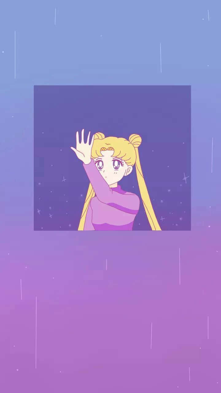 金色雙馬尾的動漫女孩在星空雨夜中從窗戶揮手。