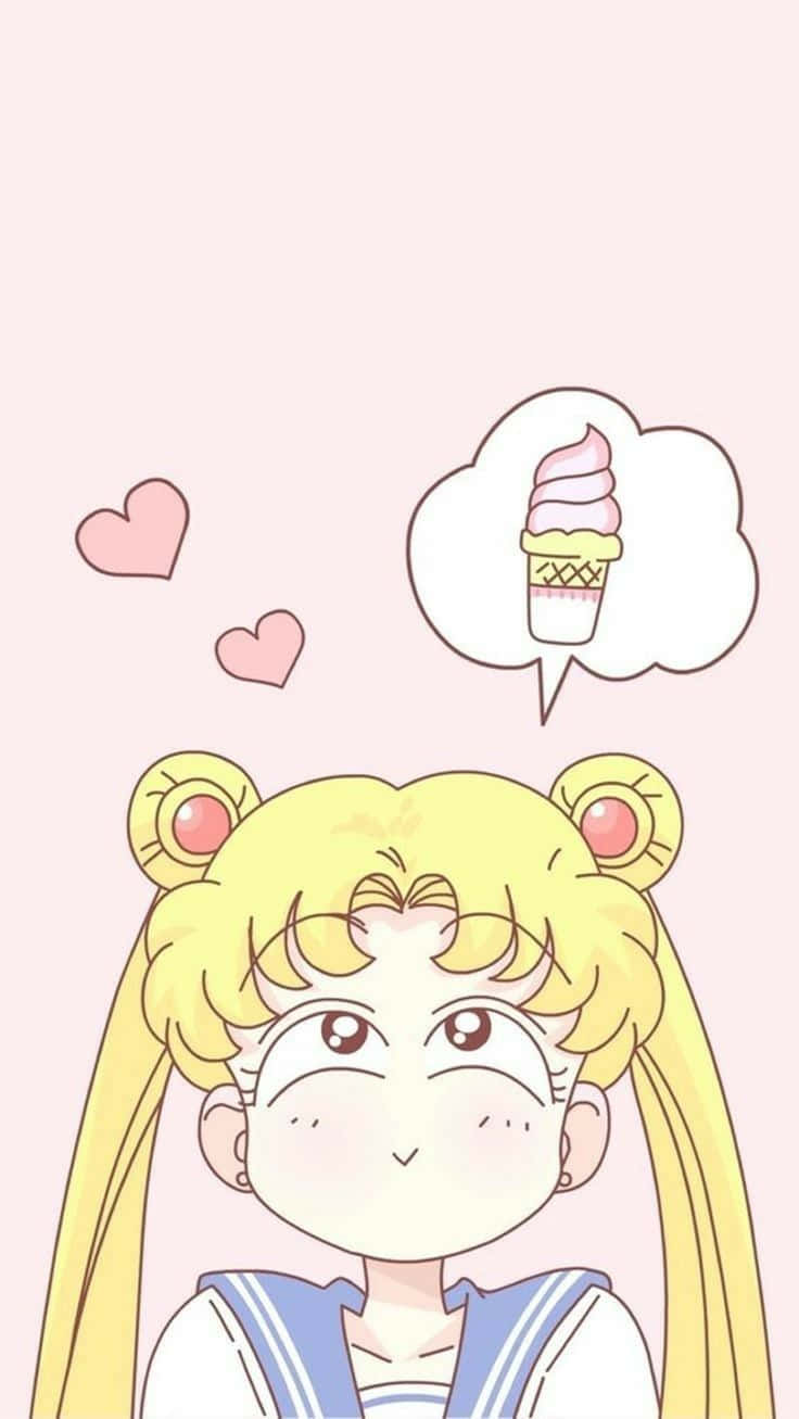 金髮雙馬尾動漫女孩幻想著冰淇淋和漂浮的愛心。