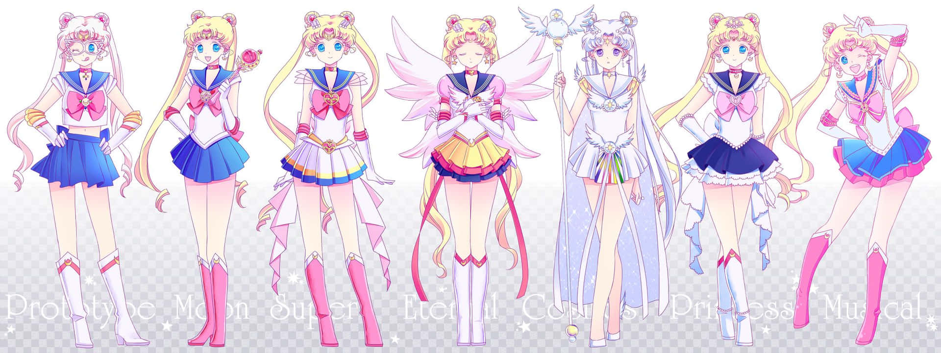 七個穿著色彩繽紛水手服的美少女戰士動漫角色正在擺姿勢。