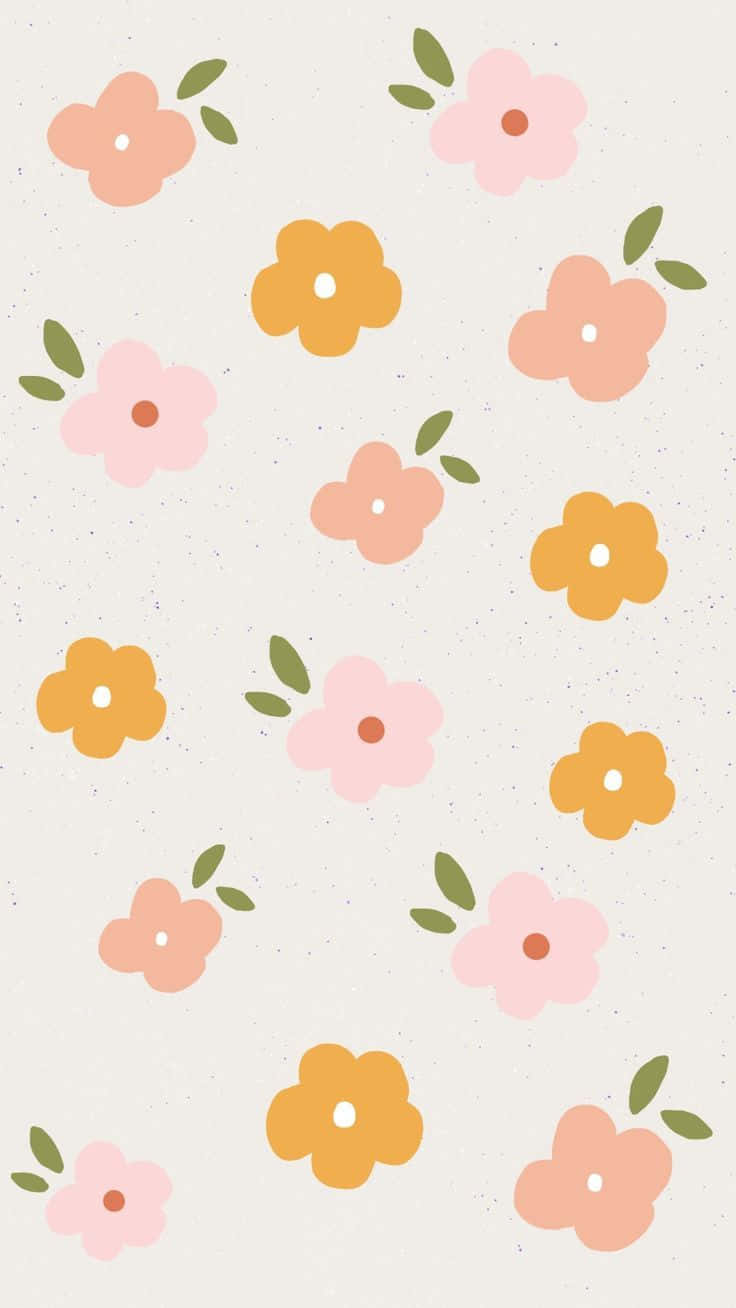 Cute Flower 桌布 壁紙 — 粉彩粉紅和橙色花朵配綠色葉子漂浮在帶有斑點的奶油色背景上，形成俏皮的散落圖案。