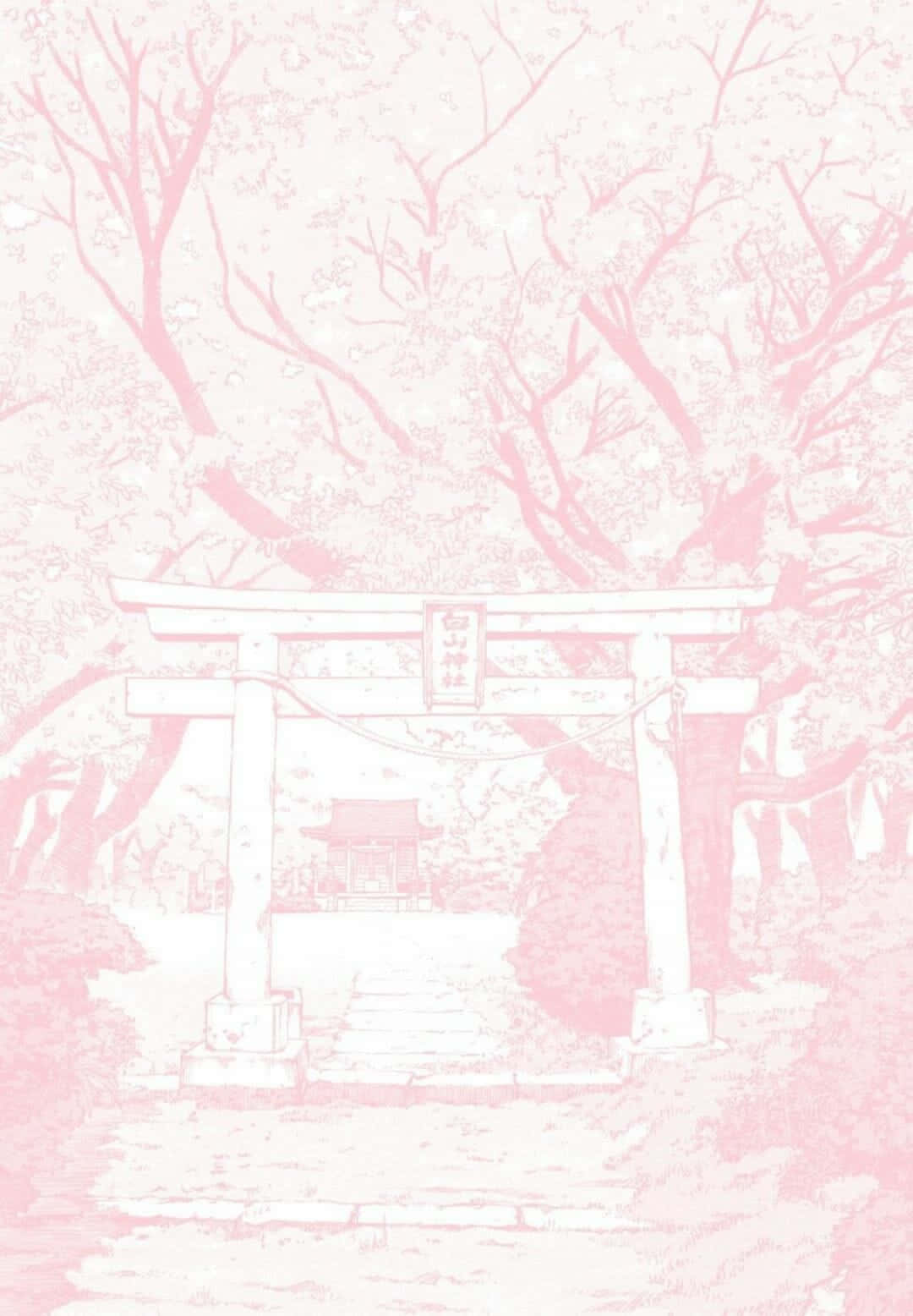粉紅色鳥居插圖，被櫻花樹環繞，營造出寧靜的神社氛圍。