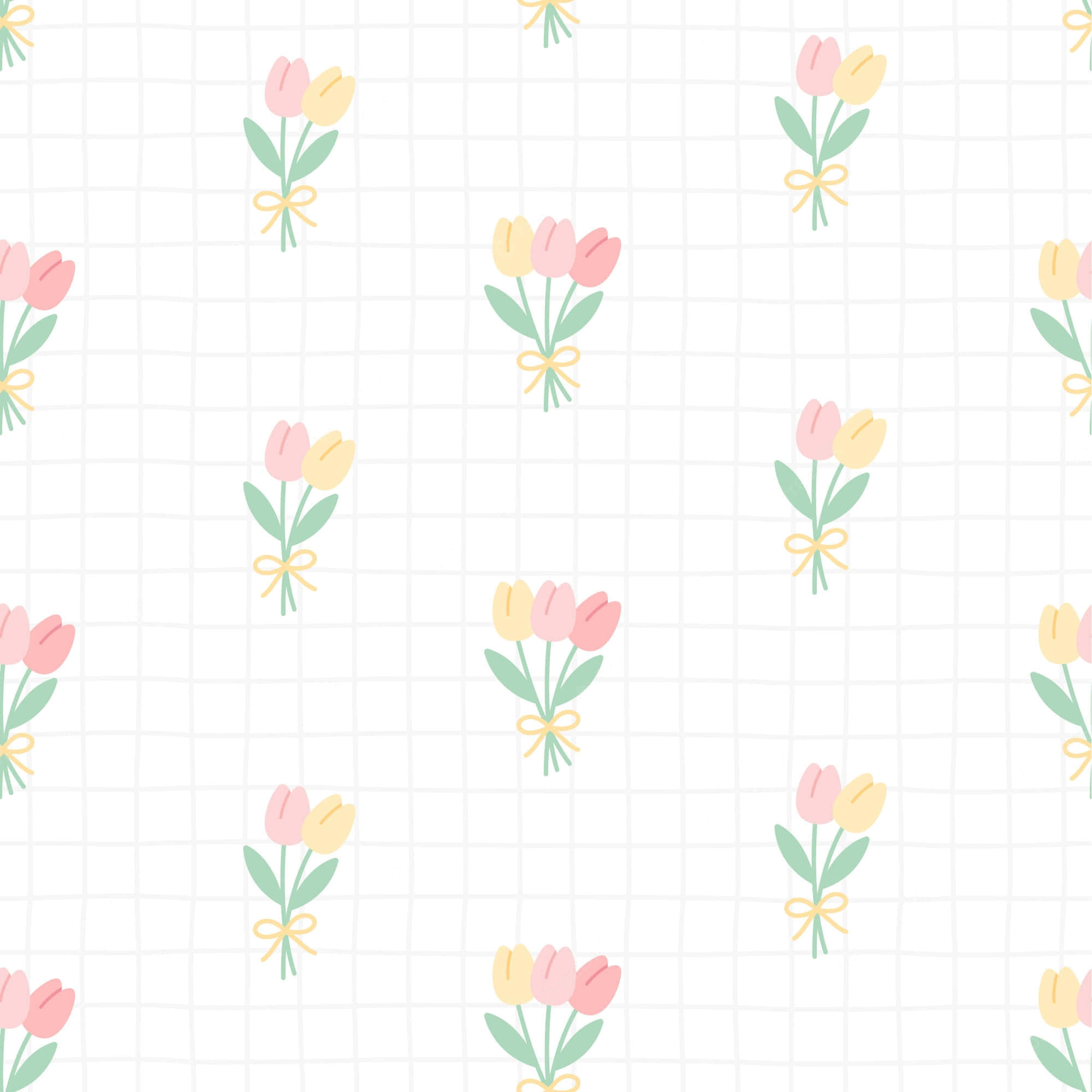 Cute Flower 桌布 壁紙 — 粉彩色鬱金香花束繫上黃色蝴蝶結，在柔和的網格背景上重複，形成歡快的春天圖案。