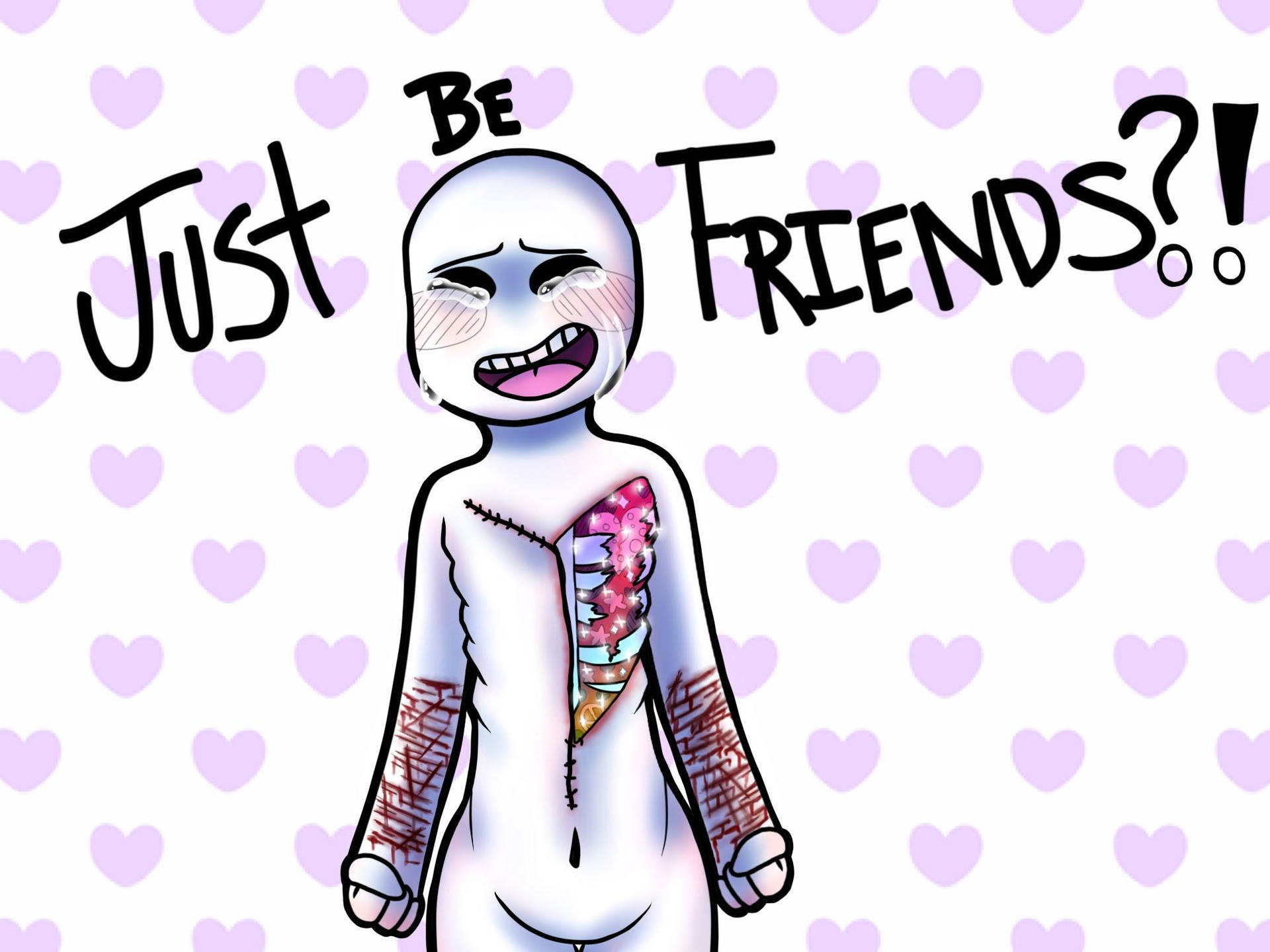 卡通角色，縫合身軀，對著心形背景尖叫「Just Be Friends?!」。