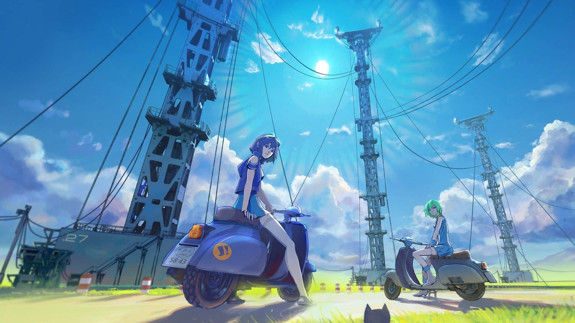 兩個動漫女孩在陽光明媚的天空下，在輸電塔附近騎著滑板車。